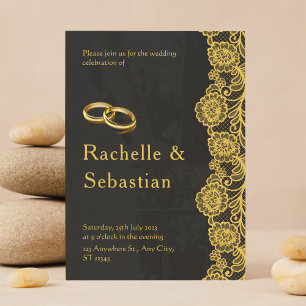 Invitation Simple Black Gold Floral Moderne Mariage élégant