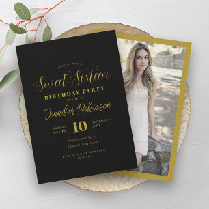 Invitation Simple Black & Gold Photo Sweet 16 Seteen