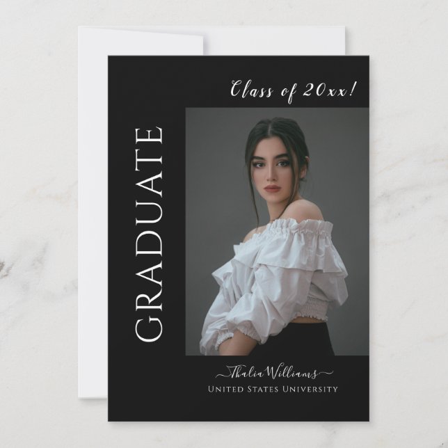 Invitation Simple Black High School College Photo Graduation (Devant)