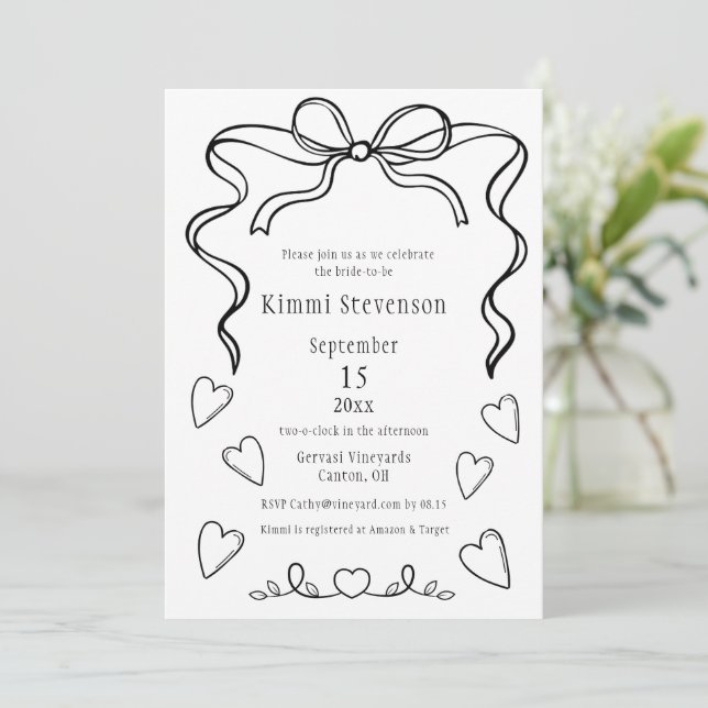 Invitation simple Black Ribbon Heart Bridal Shower (Debout devant)