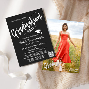 Invitation Simple Black Script QR Code Photo Graduation Party