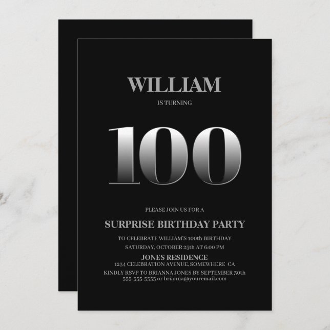 Invitation Simple Black Silver Surprise 100e anniversaire (Devant / Derrière)