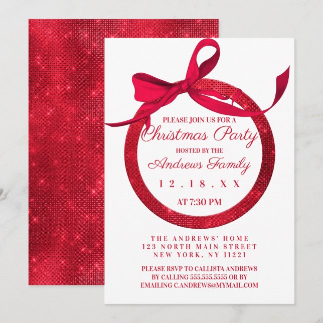 Invitation Simple Blanc Parties scintillant rouge Bow Ornemen (Devant / Derrière)