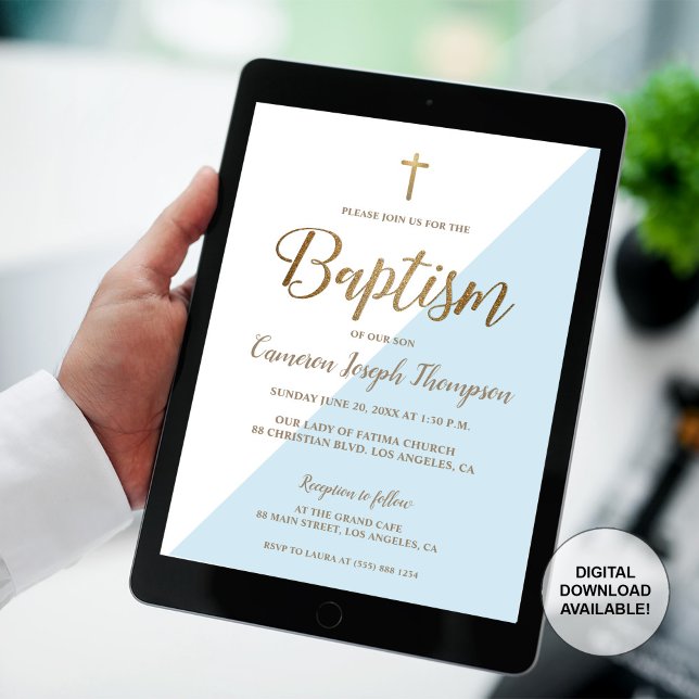 Invitation Simple Bleu Blanc Or Moderne Baptême (Baby baptism gold cross blue modern invitation digital invitation/)
