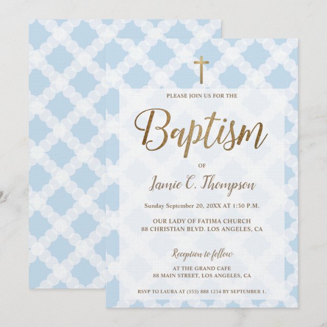 Invitation Simple Bleu Blancs Or Baptême moderne (Devant / Derrière)