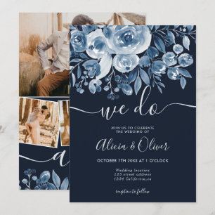 Invitation Simple bleu marine floral photo initiales mariage