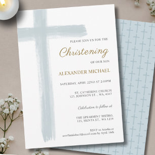 Invitation Simple Bleu Poussiéreux Croix Garçon Christening B