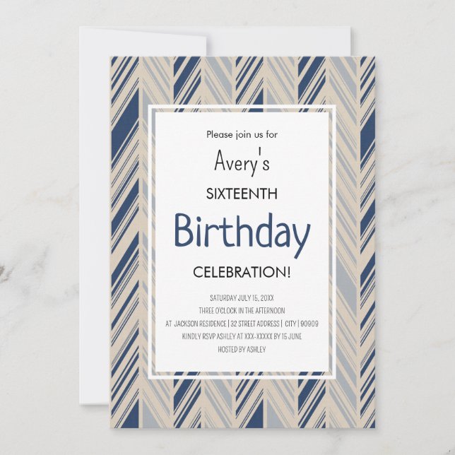 Invitation Simple Blue Chevron Birthday (Devant)