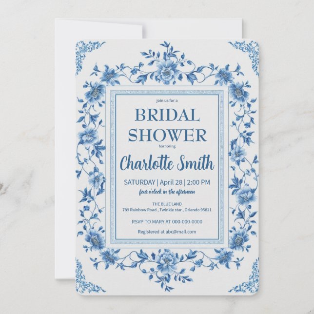 Invitation Simple Blue Chinoiserie Floral nuptiale (Devant)