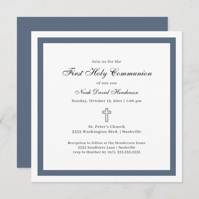Invitation Simple Blue White First Holy Communion  (Devant / Derrière)