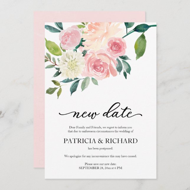 Invitation Simple Blush Floral New Date Mariage Postponction (Devant / Derrière)