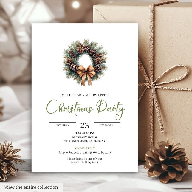 Invitation Simple Bohemian Watercolor Pine Wreath Christmas  (Simple Bohemian Watercolor Pine Wreath Christmas Card)