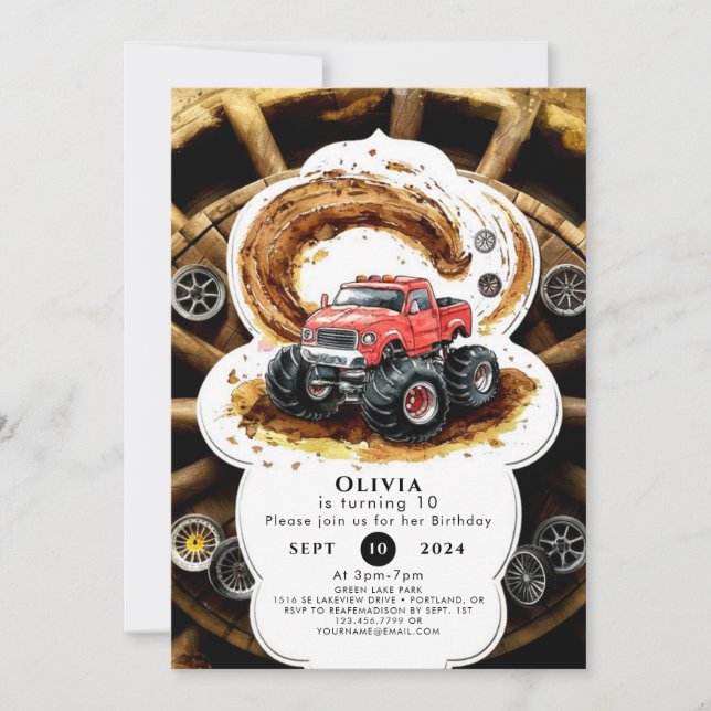 Invitation Simple Boho Cute Monster Camion Anniversaire (Devant)