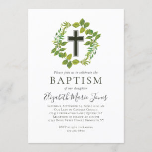 Invitation Simple Botanique Verdure Wreath Cross Baptême