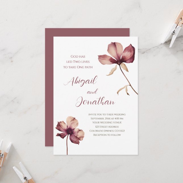 Invitation Simple Bourgogne Fleur sauvage Mariage chrétien (Devant/Arrière en situation)
