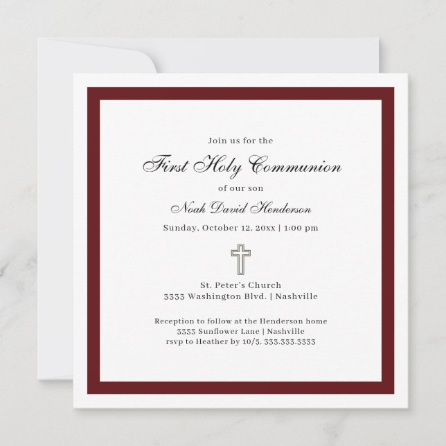 Invitation Simple Burgundy and White First Holy Communion  (Devant)