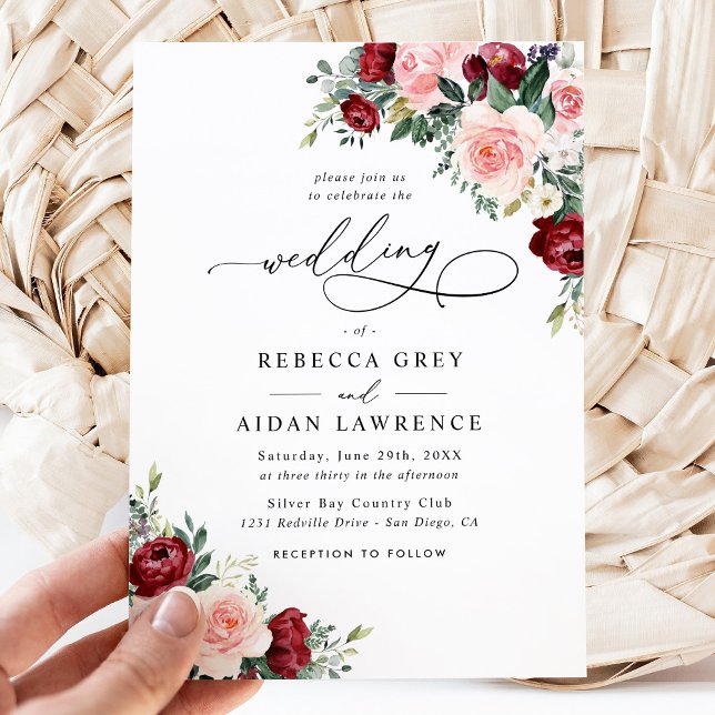 Invitation Simple Burgundy Blush Aquarelle Mariage Floral (Créateur téléchargé)