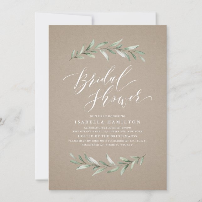 Invitation Simple calligraphie verdure rustique douche de mar (Devant)