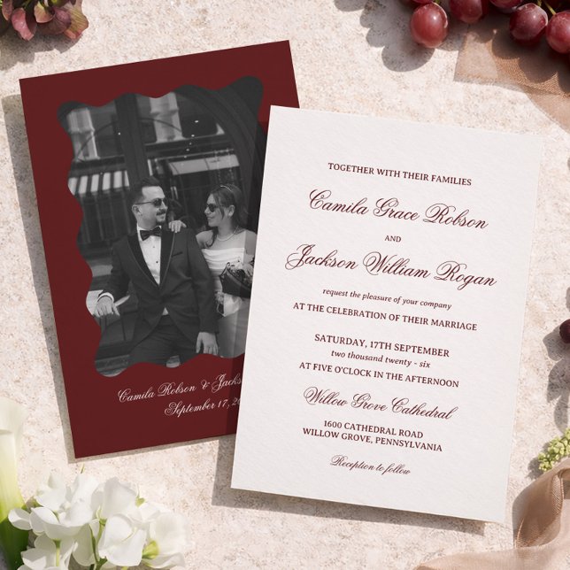 Invitation Simple Calligraphy Ivory and Burgundy Wedding  (Créateur téléchargé)