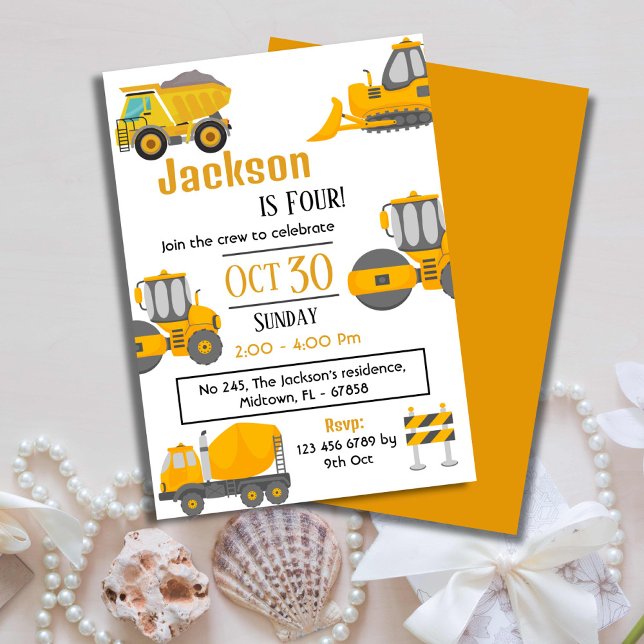 Invitation Simple camion de construction enfants mignonne 4e  (Créateur téléchargé)