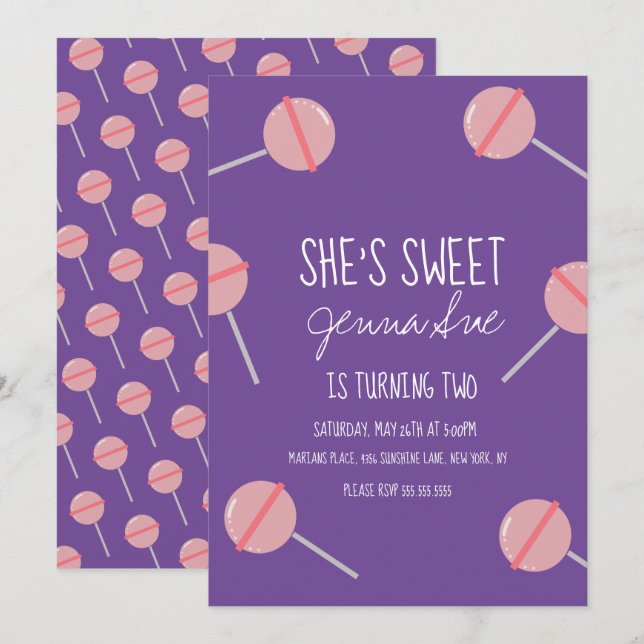Invitation Simple Candy Lollipop fête d'anniversaire rose (Devant / Derrière)