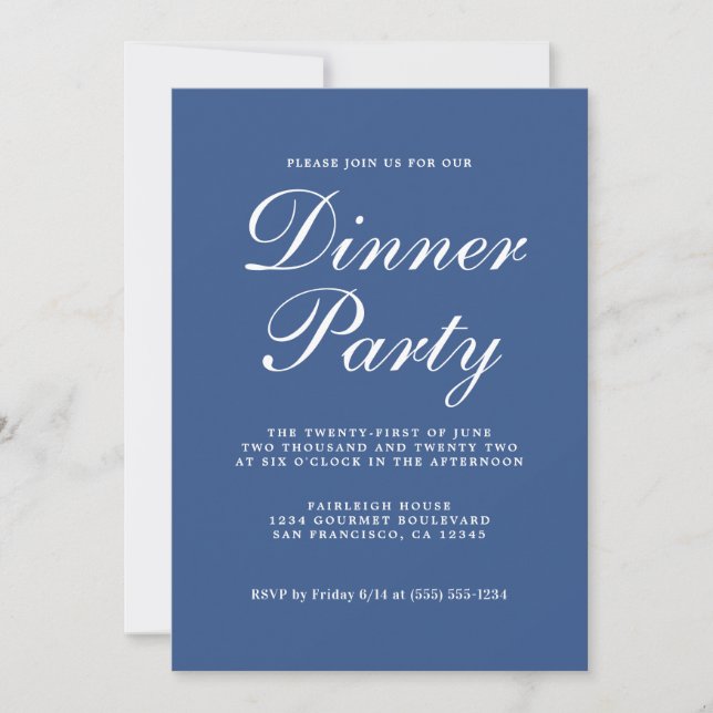 Invitation Simple Chic Calligraphie Classic Blue Dinner Party (Devant)