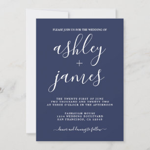 Invitation Simple Chic Calligraphie Mariage bleu foncé