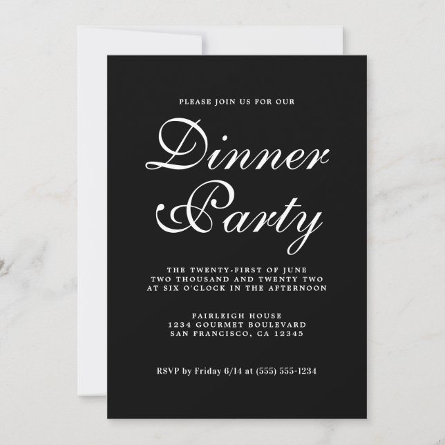 Invitation Simple Chic Calligraphie Soirée Noire (Devant)