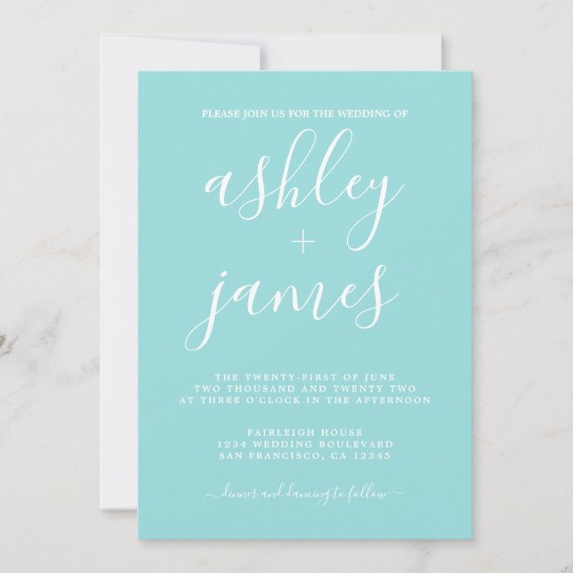 Invitation Simple Chic Calligraphie Turquoise Mariage bleu (Devant)
