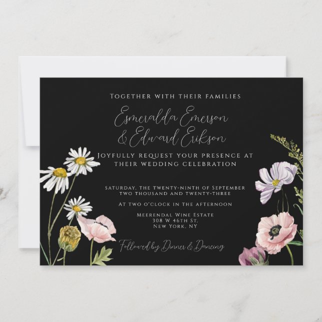 Invitation Simple chic Fleur noire Mariage de jardin (Devant)