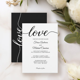 Invitation Simple Chic Love script Mariage noir blanc