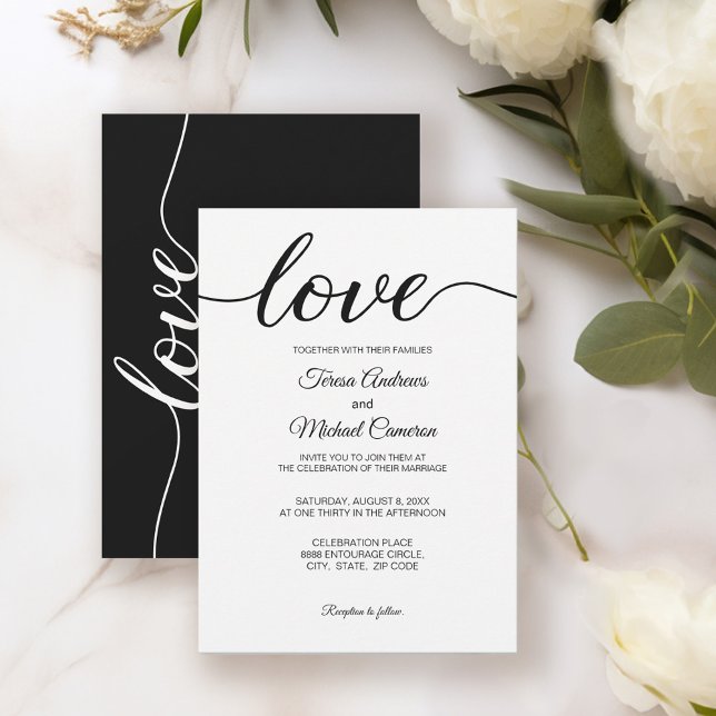 Invitation Simple Chic Love script Mariage noir blanc (Classic Black and white love script wedding invite.)