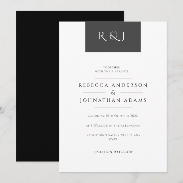 Invitation Simple chic noir et blanc Mariage monogramme (Devant / Derrière)