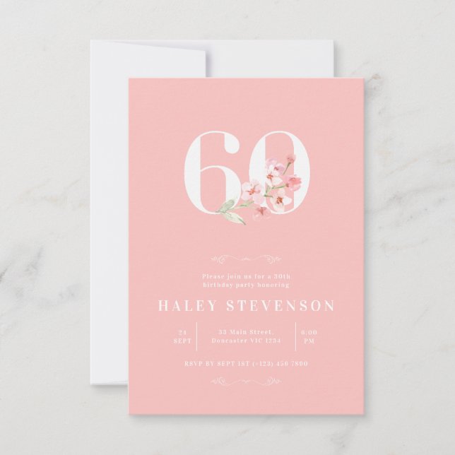 Invitation Simple Chic Rose Pâle Blanc Floral 60e Anniversair (Devant)