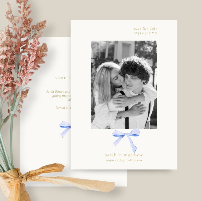 Invitation Simple Chic Ruban Bleu | Blanc cassé Save the Date (Créateur téléchargé)