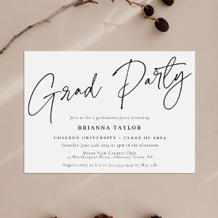 Invitation Simple Chic Script Black White Graduation Party