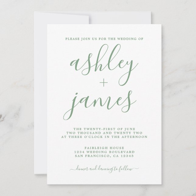 Invitation Simple Chic Vert Blanc Calligraphie Mariage (Devant)