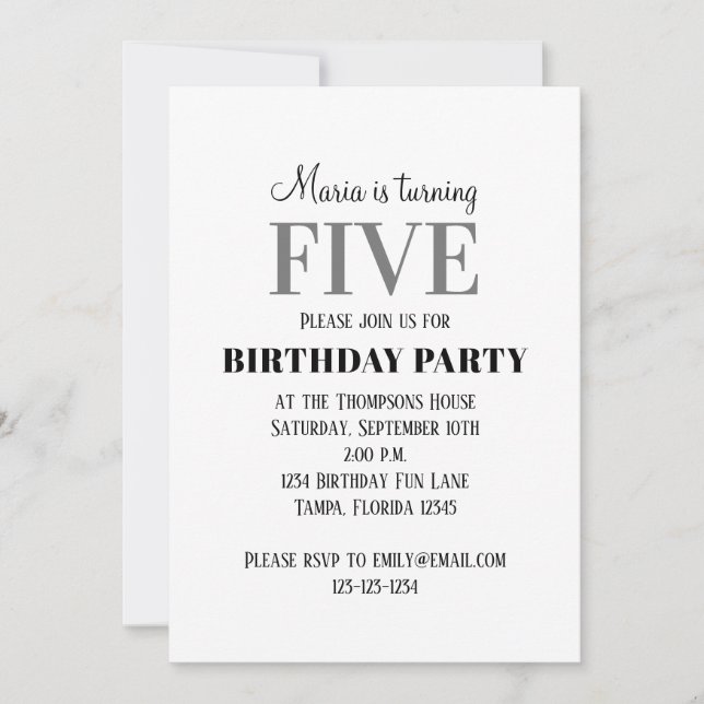 Invitation Simple cinquième Modèle de fête d'anniversaire (Devant)