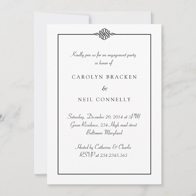 Invitation Simple Classic Black White Engagement Party (Devant)