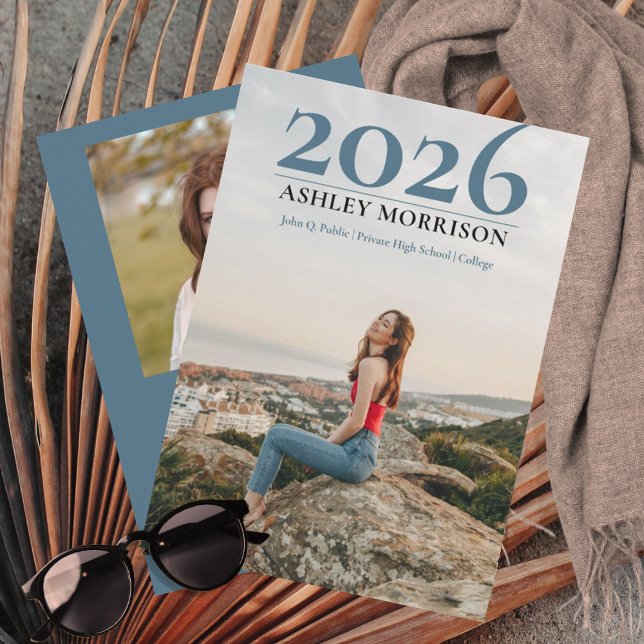 Invitation Simple Classy 2023 Deux photos - Bleu Graduation (Simple Classy 2026 Two Photo Blue Graduation Announcement -- Print | Digital Download)