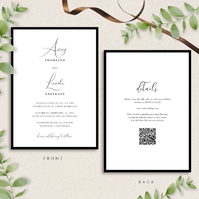 Invitation Simple Classy Black & White Border Wedding QR Code (Créateur téléchargé)