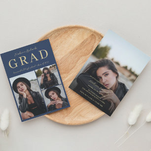 Invitation Simple Classy Marine Bleu et Gold Photo Graduation