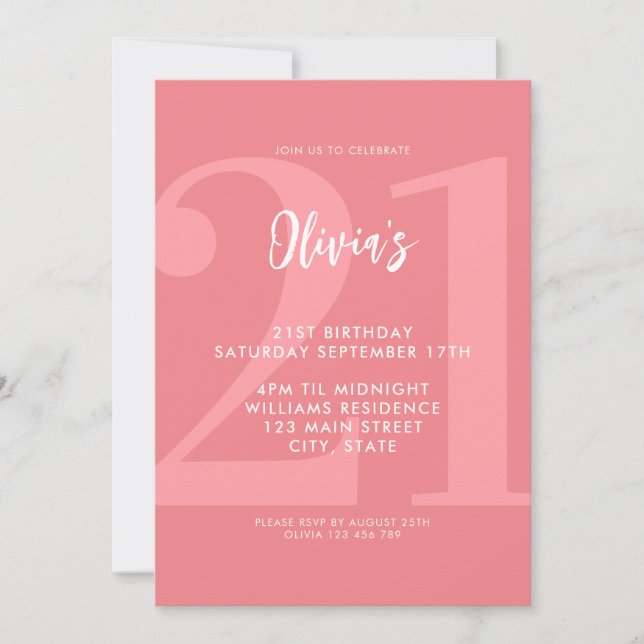 Invitation Simple Coral rose moderne 21e anniversaire (Devant)