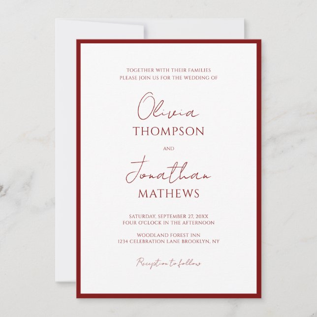 Invitation Simple Crimson Red Border Script Mariage photo (Devant)