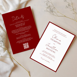 Invitation Simple Crimson Red Border Script QR Code Mariage