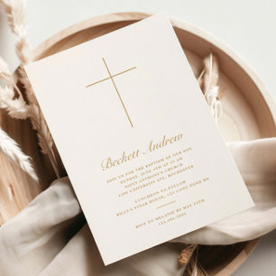 Invitation Simple Croix d'Or Script Baptême