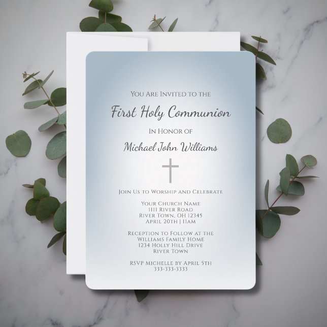 Invitation Simple Croix Dusty Blue Boys Première communion (Créateur téléchargé)