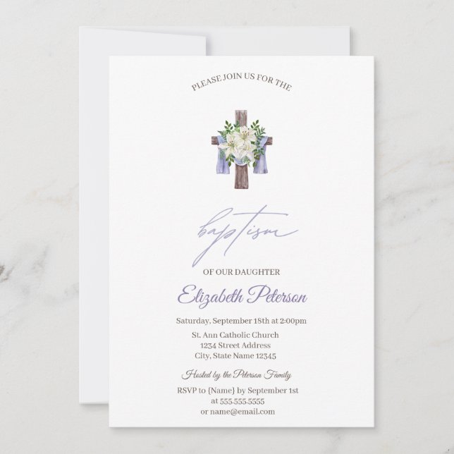 Invitation Simple croix florale Baptême (Devant)
