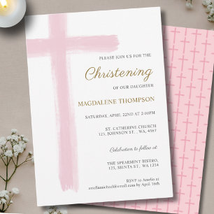 Invitation Simple Croix Rose Fille Christening Baptême