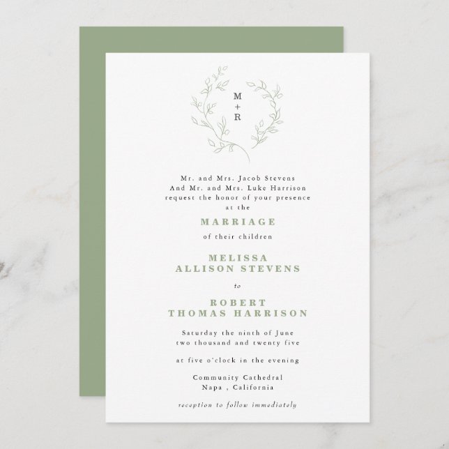 Invitation Simple croquis couronne monogramme Mariage vert (Devant / Derrière)